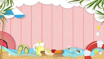 fondo de verano con tema de vacaciones en la playa con espacio de copia en panel de madera rosa, banner de horizonte vectorial diseño de verano tropical plano con borde de hojas de palma de coco en tablón de madera texturizado vector