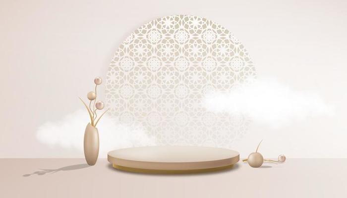Studio room with podium and flowers ball in vase on floor,Gallery room with oriental patterns on pastel wall backdrop.Vector illustration 3D minimal scenery for product presentation