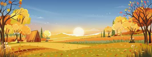 paisaje rural otoñal a la luz de la noche con puesta de sol, fondo de cielo azul y naranja, temporada de otoño de dibujos animados vectoriales en el campo con árboles forestales y campo de hierba con amanecer, banner natural de fondo vector
