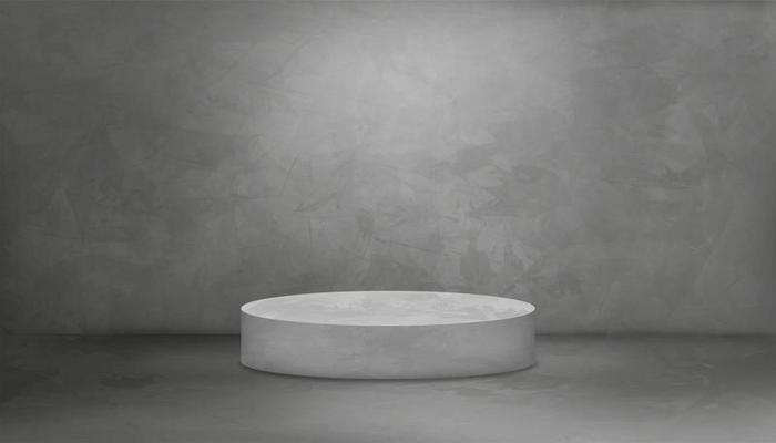Backdrop studio room Grey Cement texture wall background with cylinder podium,Vector 3D illustration Gray floor Concrete surface with light and shadow.Banner template interior loft style concept