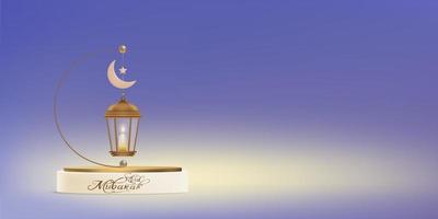 Studio room 3D Podium with Traditional islamic lantern,Candle,Crescent Moon and Star hanging on purple background, Vector Backdrop of Religions Symbolic for Eid Mubarak, Eid al fitr, Ramadan Kareem