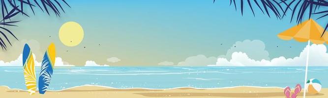 paisaje marino de océano azul y palmera de coco en la isla, playa de mar horizontal, arena con cielo azul y nube esponjosa, ilustración vectorial naturaleza hermosa del paisaje costero para el fondo de las vacaciones de verano vector