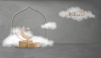 Eid al Adha Mubarak greeting design with Crescent Moon and Star hanging on 3D podium on grey cement background.Vector Backdrop of Religion of Muslim Symbolic for Eid al fitr, Ramadan Kareem vector