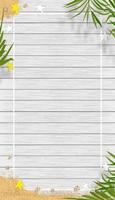 fondo de verano con tema de vacaciones en la playa con espacio de copia en panel de madera blanca, banner vertical vectorial diseño de verano tropical plano con hojas de palma de coco, arena en tablón de madera texturizado vector