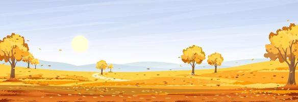 Autumn rural landscape in morning sunrise with light blue skyline background,Fall season at countryside with forest tree,grass field, Sun,Vector Nature scenery cartoon background vector