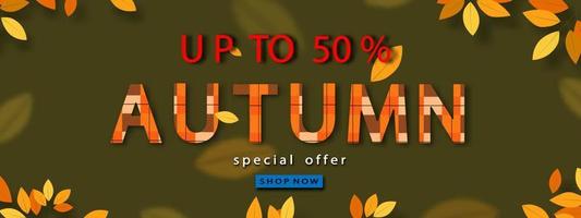 Autumn background with leaves frame in Orange,Yellow on Tartan, Plaid pattern background,Fall sale banner design for Discount or  Promotion. Vector Illustration Autumnal with Special Offer backdrop