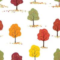 Seamless pattern of autumn trees with leaves falling on white background, Vector illustration colourful foliage pattern  fall background,Cartoon repeat natural tree for wallpaper or fabric