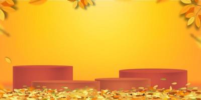 Autumn background, Podium Display Cylinder Stand in Studio Room with Maple Leaves on orange, yellow wall,Vector 3D Showcase in with leaves on frame Product Presentation for fall season sale vector