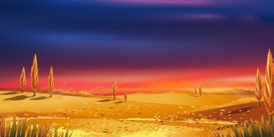 paisaje rural otoñal a la luz de la noche con puesta de sol, amarillo, rosa, fondo de cielo naranja, temporada de otoño de dibujos animados vectoriales en el campo con árboles forestales y campo de hierba con amanecer, banner natural de fondo