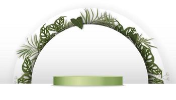 3d background studio, podium display scene with palm leaf on white paper cut,Vector 3d stand showcase for cosmetic products,Minimal backdrop design pedestal display for Spring,Summer sale banner vector