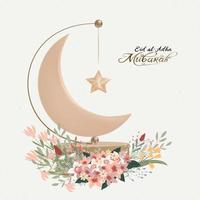 diseño de saludo de eid al adha mubarak con luna creciente y estrella colgando en un soporte 3d y flor de ramo sobre fondo beige, tarjeta vectorial de religión musulmana simbólica para eid al fitr, ramadan kareem vector