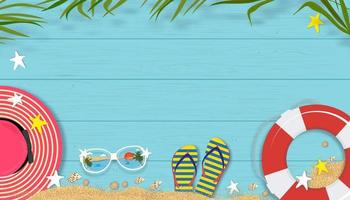 Summer background with beach vacation holiday theme with copy space on blue wooden panel, Vector horizon banner flat lay tropical Summer design with coconut palm leaves border on wood plank texture