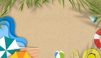 fondo de verano con tema de vacaciones de vacaciones en la playa con espacio de copia en la playa de arena, banner de horizonte vectorial diseño de verano tropical cortado en papel plano con borde de hojas de palma de coco en la playa vector