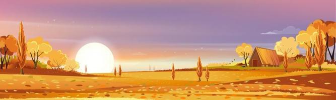 paisaje rural otoñal a la luz de la noche con puesta de sol, rosa, cielo naranja y fondo de nubes, campo de temporada de otoño de dibujos animados vectoriales con granero de madera, árbol forestal, campo con amanecer, banner natural de fondo vector