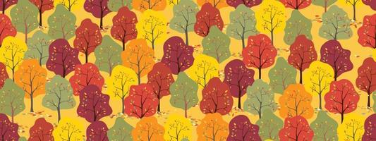 fondo de árbol de otoño de patrones sin fisuras con hojas multicolores cayendo en el suelo, ilustración vecyor repetir telón de fondo banner temporada de otoño con árboles de bosque coloridos sobre fondo amarillo vector