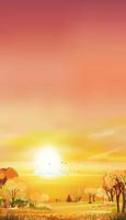 bosque paisajístico otoñal con puesta de sol anaranjada, vector a mediados de otoño natural en follaje amarillo, temporada de otoño de dibujos animados en el campo con árbol forestal con amanecer, banner natural para web, pantalla móvil