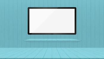 Empty wooden room with wide TV white blank flatscreen monitor mockup hanging on the wall and bookshelve.Vector illustration Icd monitor,oled,plasma on blue wooden wall.Interior design of Modern Studio vector