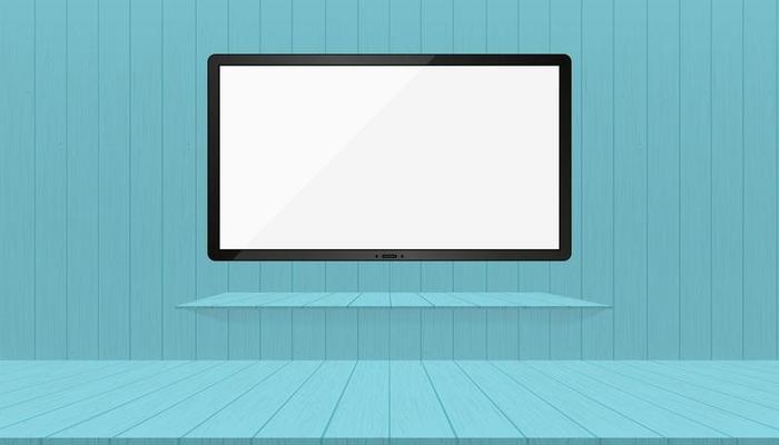 Empty wooden room with wide TV white blank flatscreen monitor mockup hanging on the wall and bookshelve.Vector illustration Icd monitor,oled,plasma on blue wooden wall.Interior design of Modern Studio