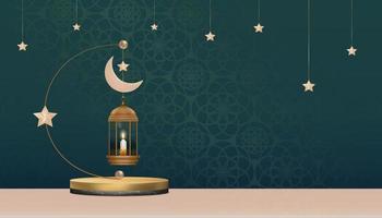 podio islámico con linterna islámica tradicional con luna creciente, estrella colgando sobre fondo verde, telón de fondo vectorial de la religión musulmana simbólica, eid al fitr, ramadan kareem, eid al adha, eid mubarak vector