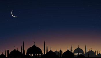 tarjeta islámica con mezquitas de cúpula de silueta, luna creciente sobre fondo naranja del cielo, noche vetor ramadhan con cielo crepuscular para la religión islámica, eid al-adha, eid mubarak, eid al fitr, ramadan kareem vector