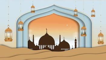 ventana de la mezquita de fondo de eid mubarak con linterna islámica y velas colgadas en el fondo de la pared, ilustración vectorial para religiones islámicas cortadas en papel, ramadan kareem, eid al fitr, eid al adha, feliz muharram vector