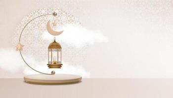 podio islámico con linterna islámica tradicional con luna creciente, estrella colgando sobre fondo beige, telón de fondo vectorial de la religión musulmana simbólica, eid ul fitr, ramadan kareem, eid al adha, eid mubarak vector
