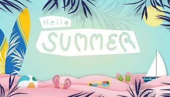 Hello Summer background with beach vacation holiday theme with surfboard, sunglass, ice cream on pink wave layer,Vector paper cut of tropical summer design with palm leaves on blue sky background vector