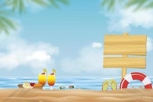 Summer holiday background with blue ocean, could, sky and wooden signboard on beach sand with blurry palm leaf. Vector banner tropical seaside on with picnic, food, cocktail, sunglass, sandal on sand