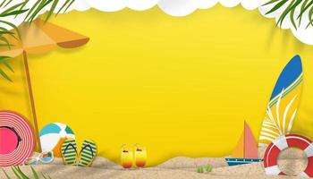 fondo de verano del tema de vacaciones de vacaciones en la playa con capa de ondas de arena, diseño de verano tropical cortado en papel de vista superior vectorial, hojas de palma, tabla de surf, gafas de sol, pelota de playa, nube sobre fondo de cielo amarillo vector