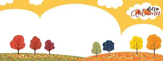 conjunto de banner de fondo de temporada de otoño de árbol con hojas multicolores cayendo sobre el suelo, banner de fondo de ilustración vecyor hola otoño con árboles de bosque coloridos sobre fondo amarillo vector