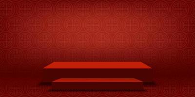 Chinese New Year backdrop,Studio room podium with lunar paper cut on red wall background, Vector illustration 3D Empty Gallery with stand display or shelf,Banner design for products presentation
