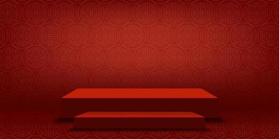 Chinese New Year backdrop,Studio room podium with lunar paper cut on red wall background, Vector illustration 3D Empty Gallery with stand display or shelf,Banner design for products presentation