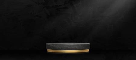 Studio room with 3D podium black marble and golden on dark cement wall textured background,Vector minimal mockup wide banner loft design backdrop,Empty Gallery room in black concrete surface vector