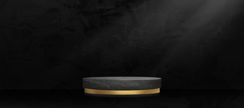 Studio room with 3D podium black marble and golden on dark cement wall textured background,Vector minimal mockup wide banner loft design backdrop,Empty Gallery room in black concrete surface