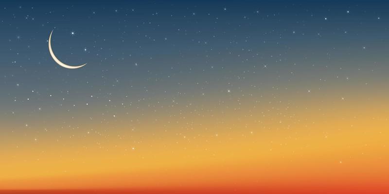 Islamic greeting Ramadan Kareem card design background with Crescent moon on dusk sky background,Vector Milky Way with Starry,Beautiful sunset,Religions symbolic of Islamic, Muslim for Eid Mubarak