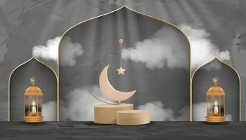 diseño de saludo de eid al adha mubarak con luna creciente y estrella colgando en el podio 3d sobre fondo de cemento gris. telón de fondo vectorial de la religión musulmana simbólica para eid al fitr, ramadan kareem vector