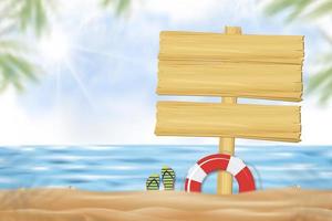 fondo de vacaciones de verano con letrero de madera en la playa tropical con hojas de palma borrosas en el borde. banner de fondo vectorial hermosa vista al mar en el océano con sandalia, conchas arena día soleado vector