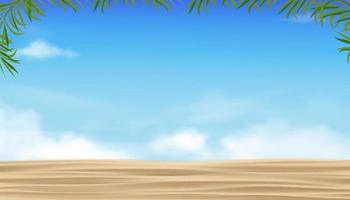 playa de arena tropical, mar, cielo azul y luz del sol brillando en verano. playa de mar vectorial, hojas de palma de coco en la mañana soleada, fondo de banner de ilustración de horizonte de paisaje natural junto al mar vector