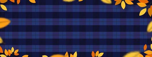 Autumn background with leaves frame in Orange,Yellow on Tartan, Plaid pattern background,Fall sale banner design for Discount or  Promotion. Vector Illustration Autumnal with Special Offer backdrop