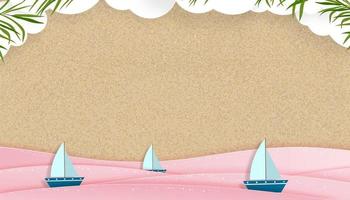 fondo de verano plano con nubes blancas de origami, bote navegando en olas rosadas del océano en la playa de arena, elemento de diseño de verano tropical de estilo de arte de papel de ilustración vectorial para vacaciones de verano, viajes, venta vector