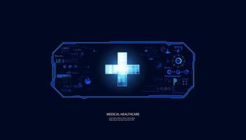 Abstract health science consist health plus and hud interface digital technology concept  modern medical on hi tech future blue background. vector