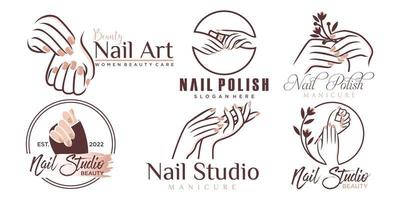 Nail polish or nail salon icon set logo design manicure nail polish and female finger logotype vector