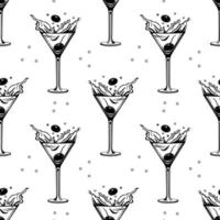 Seamless pattern, contour glasses with cocktails with splashes and olives on a white background. Print, background, textile, vector