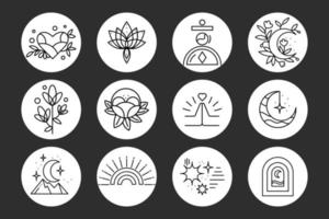 Set of contour magic icons, flowers, moon, sun and stars. Illustration, print, vector