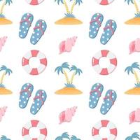 Seamless pattern, seashells, flip flops, palm trees and rubber rings on a white background. Print, summer background, textile, vector
