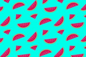 Vector watermelons hand drawn seamless pattern. Cute summer fresh fruits print. Watermelon red slices with seeds repeat texture on green-blue background for wallpaper, fabric design, textile, decor