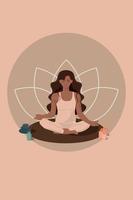 a girl who meditates in a lotus position, sits on a rug with candles, faceless style vector