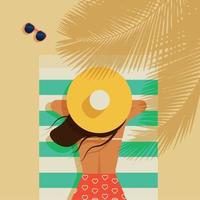 chica tomando el sol en verano en la playa con un sombrero bajo una palmera vector