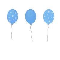 Bunch of balloons for birthday and party. Different flying ballons with rope. Blue balls on white background. Balloon in cartoon style for celebrate and party, for boys, gender party. vector