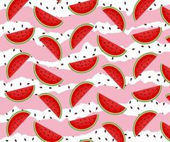 Pattern with pieces of watermelon on a background with watermelon seeds and pink stripes vector